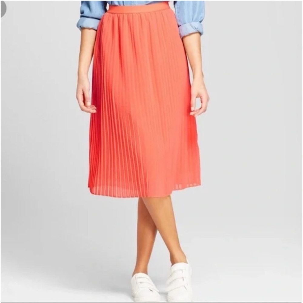 a new day Vibrant Coral Pleated Midi Skirt